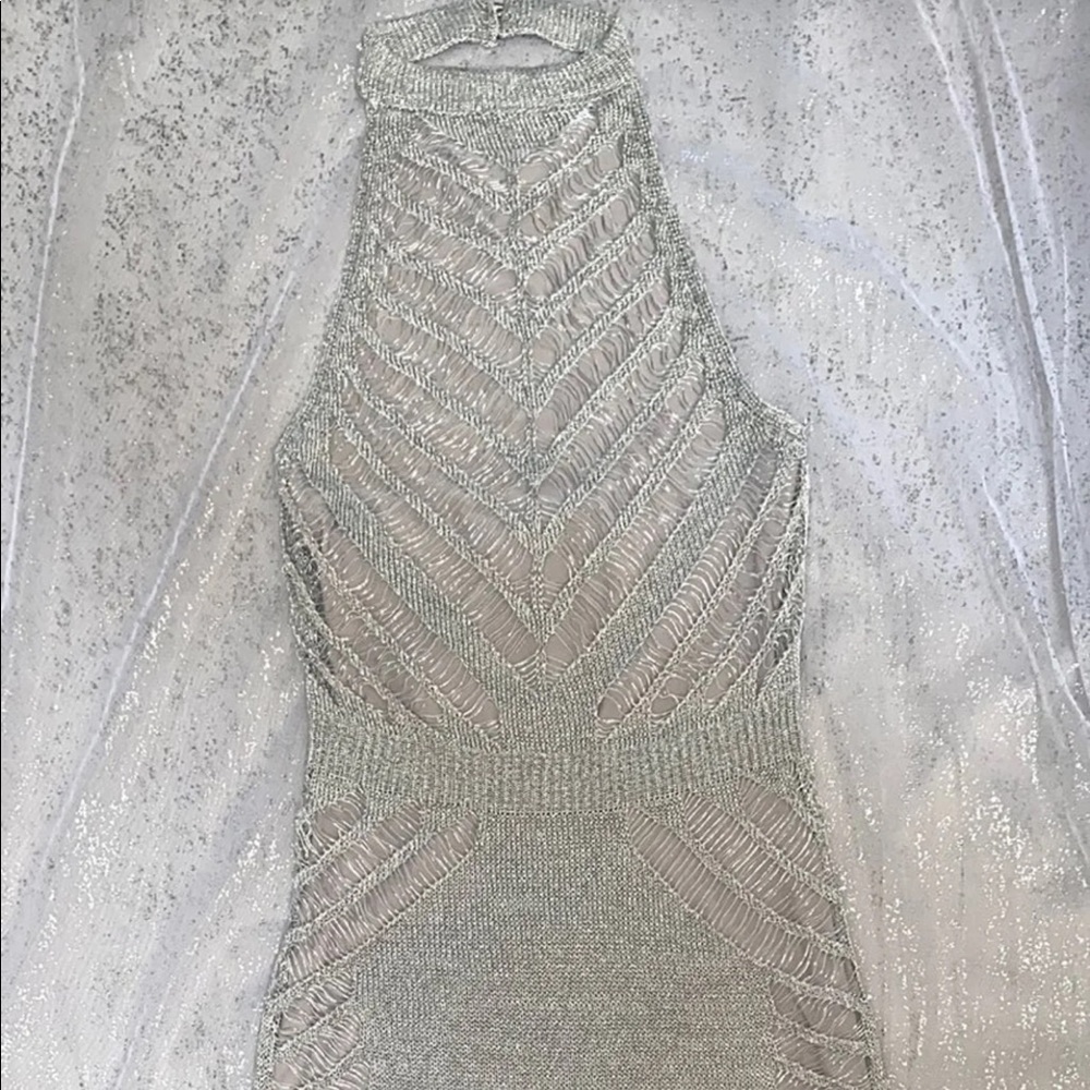 - Bebe Mercury Silver Midi Halter Dress XS